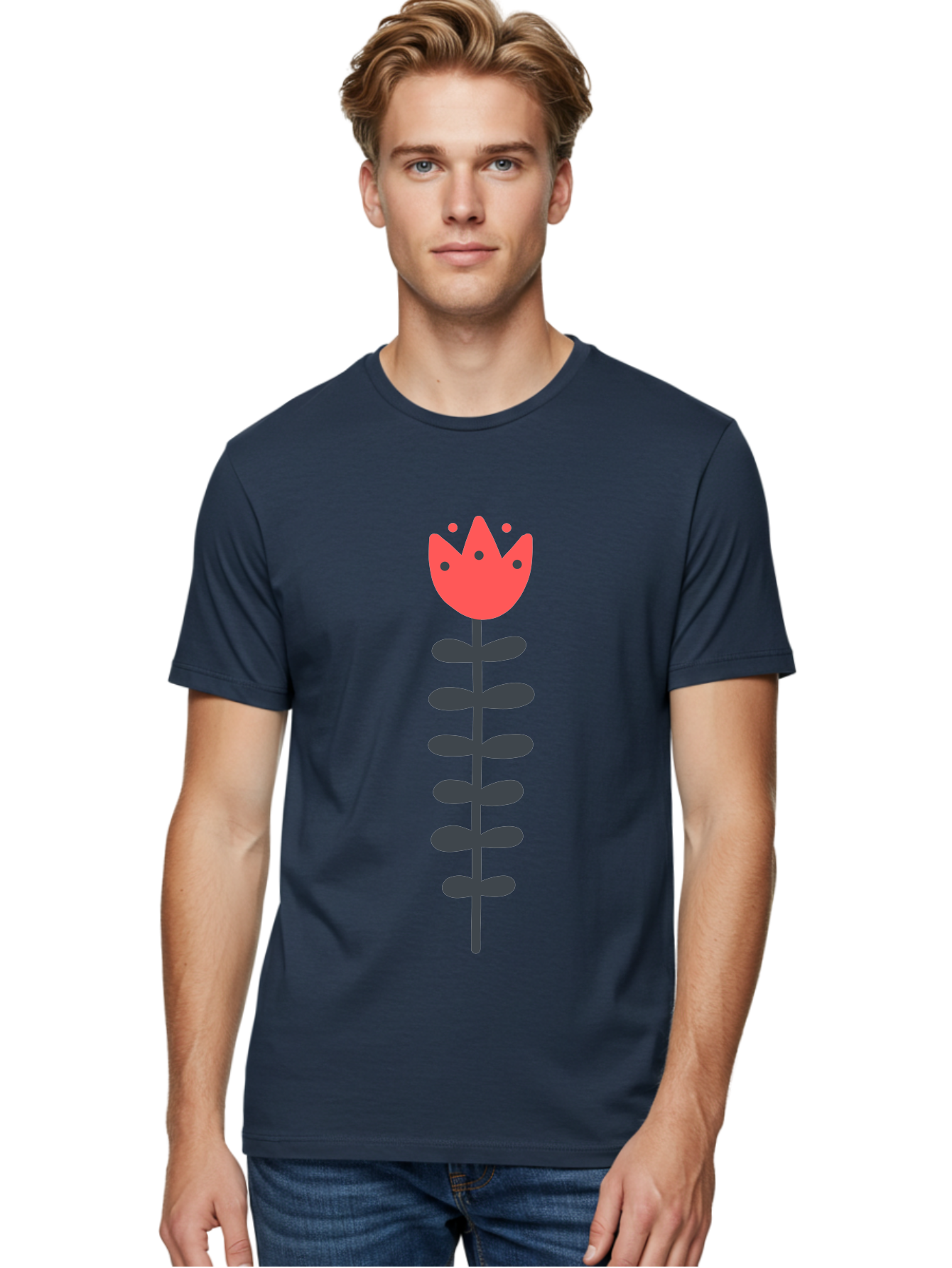 Tulip-Illustration Men'S Graphic Tee, 100% Cotton, Comfortable Casual Summer Wear, Machine Washable, Stylized Tulip, Minimalist Design, Simple Shapes, Red Tulip, Purple Leaves, Modern Art, Floral Motif, Artistic Expression, Creative Design Aab809