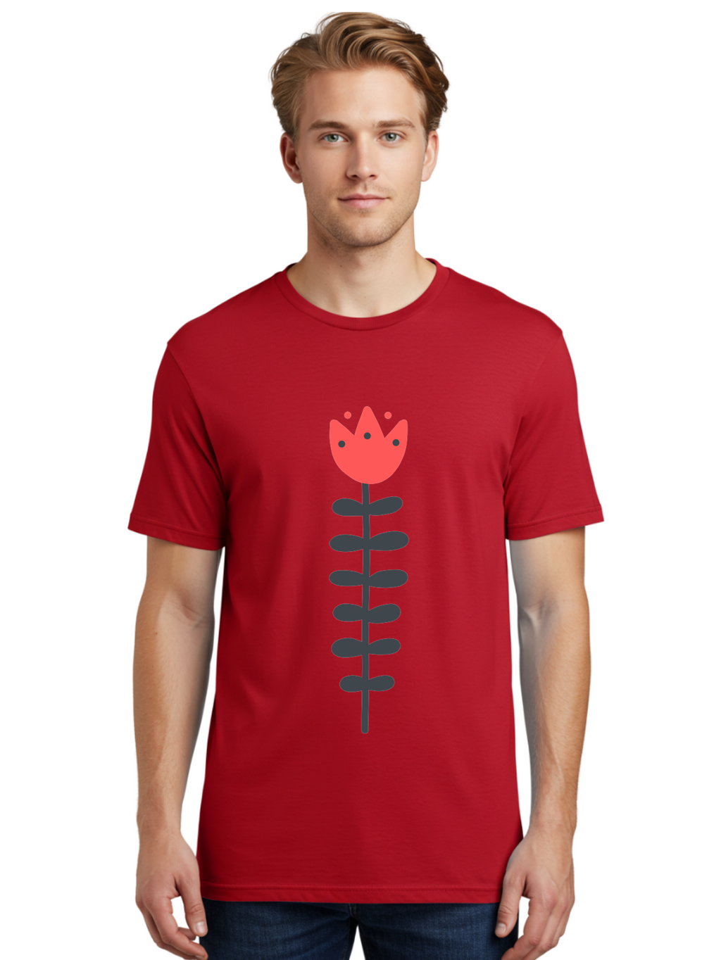 Tulip-Illustration Men'S Graphic Tee, 100% Cotton, Comfortable Casual Summer Wear, Machine Washable, Stylized Tulip, Minimalist Design, Simple Shapes, Red Tulip, Purple Leaves, Modern Art, Floral Motif, Artistic Expression, Creative Design Aab809