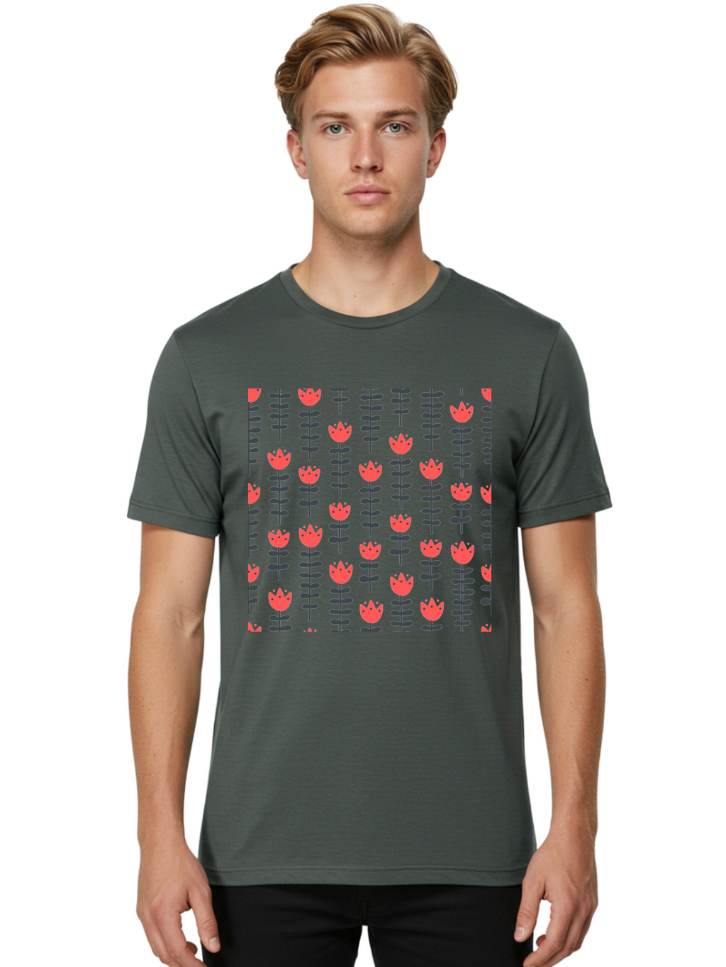 Tulip-Pattern-1 Men'S Graphic Tee, 100% Cotton, Comfortable Casual Summer Wear, Machine Washable, Tulip Pattern, Red Tulips, Black Stems, Floral Design, Repeating Pattern, Minimalist Style, Botanical Print, Wallpaper, Textile Design, Aab810