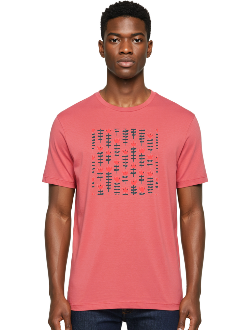 Tulip-Pattern-1 Men'S Graphic Tee, 100% Cotton, Comfortable Casual Summer Wear, Machine Washable, Tulip Pattern, Red Tulips, Black Stems, Floral Design, Repeating Pattern, Minimalist Style, Botanical Print, Wallpaper, Textile Design, Aab810