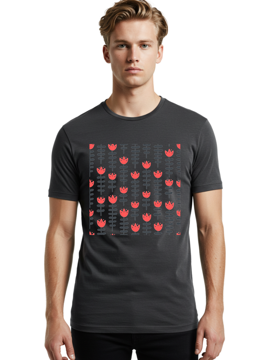 Tulip-Pattern-1 Men'S Graphic Tee, 100% Cotton, Comfortable Casual Summer Wear, Machine Washable, Tulip Pattern, Red Tulips, Black Stems, Floral Design, Repeating Pattern, Minimalist Style, Botanical Print, Wallpaper, Textile Design, Aab810