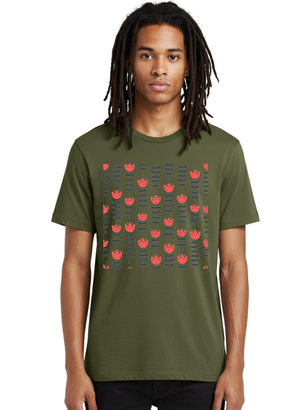 Tulip-Pattern-1 Men'S Graphic Tee, 100% Cotton, Comfortable Casual Summer Wear, Machine Washable, Tulip Pattern, Red Tulips, Black Stems, Floral Design, Repeating Pattern, Minimalist Style, Botanical Print, Wallpaper, Textile Design, Aab810