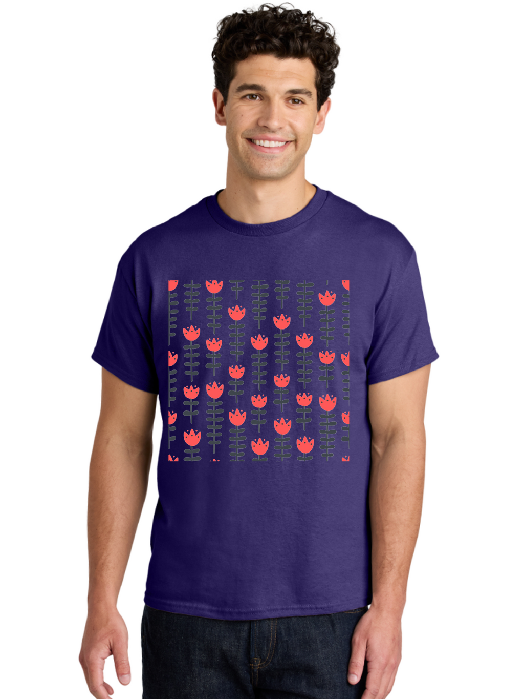 Tulip-Pattern-1 Men'S Graphic Tee, 100% Cotton, Comfortable Casual Summer Wear, Machine Washable, Tulip Pattern, Red Tulips, Black Stems, Floral Design, Repeating Pattern, Minimalist Style, Botanical Print, Wallpaper, Textile Design, Aab810