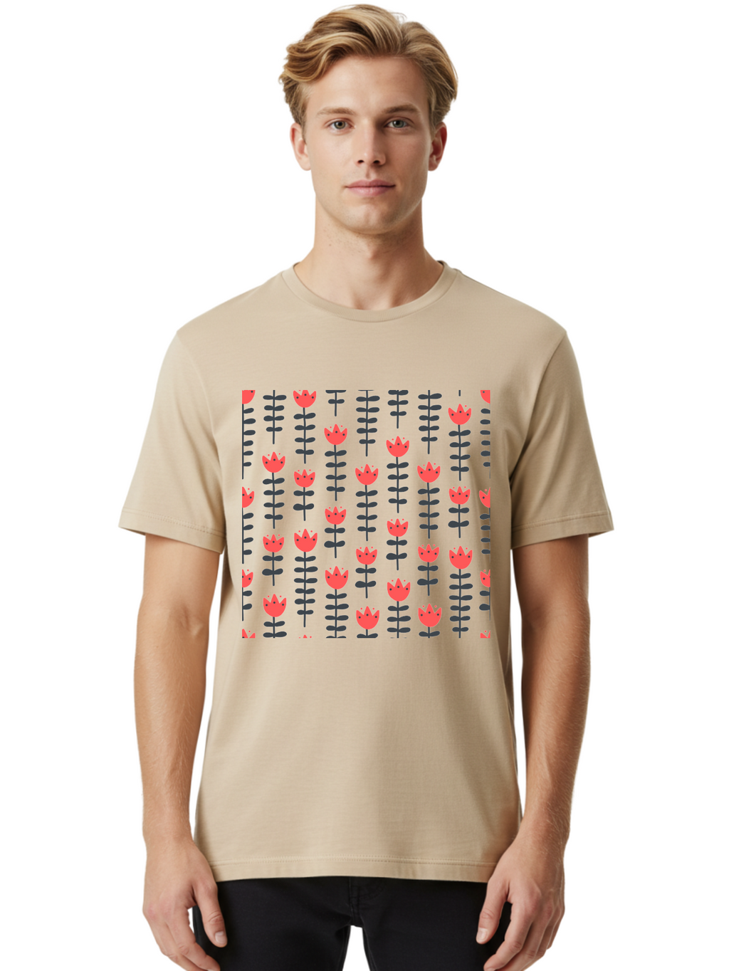 Tulip-Pattern-1 Men'S Graphic Tee, 100% Cotton, Comfortable Casual Summer Wear, Machine Washable, Tulip Pattern, Red Tulips, Black Stems, Floral Design, Repeating Pattern, Minimalist Style, Botanical Print, Wallpaper, Textile Design, Aab810