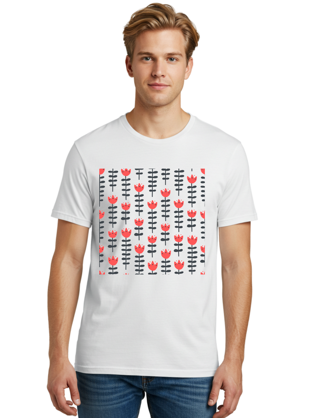 Tulip-Pattern-1 Men'S Graphic Tee, 100% Cotton, Comfortable Casual Summer Wear, Machine Washable, Tulip Pattern, Red Tulips, Black Stems, Floral Design, Repeating Pattern, Minimalist Style, Botanical Print, Wallpaper, Textile Design, Aab810