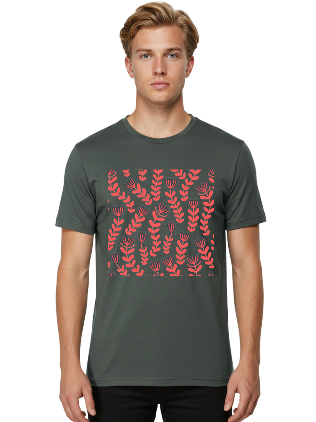 Tulip-Pattern Men'S Graphic Tee, 100% Cotton, Comfortable Casual Summer Wear, Machine Washable, Repeating Pattern, Pink Flowers, Leaves, Floral Design, Abstract Shapes, Vibrant Colors, Striped Patterns, Whimsical Art Aab811
