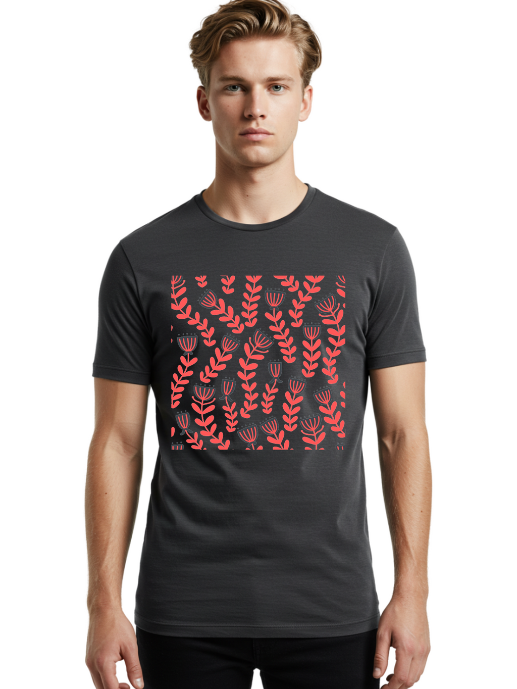 Tulip-Pattern Men'S Graphic Tee, 100% Cotton, Comfortable Casual Summer Wear, Machine Washable, Repeating Pattern, Pink Flowers, Leaves, Floral Design, Abstract Shapes, Vibrant Colors, Striped Patterns, Whimsical Art Aab811