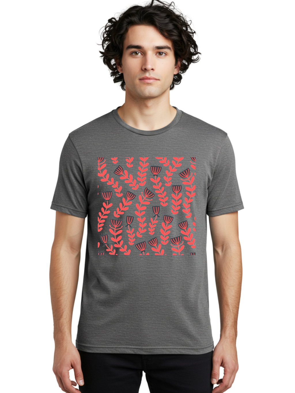 Tulip-Pattern Men'S Graphic Tee, 100% Cotton, Comfortable Casual Summer Wear, Machine Washable, Repeating Pattern, Pink Flowers, Leaves, Floral Design, Abstract Shapes, Vibrant Colors, Striped Patterns, Whimsical Art Aab811