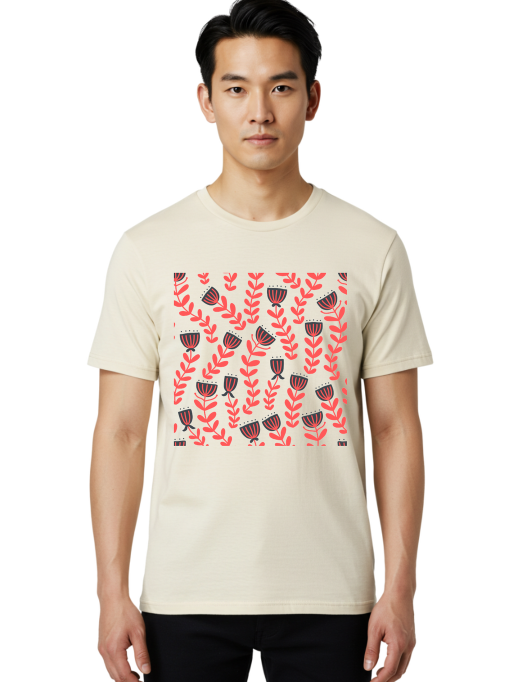 Tulip-Pattern Men'S Graphic Tee, 100% Cotton, Comfortable Casual Summer Wear, Machine Washable, Repeating Pattern, Pink Flowers, Leaves, Floral Design, Abstract Shapes, Vibrant Colors, Striped Patterns, Whimsical Art Aab811