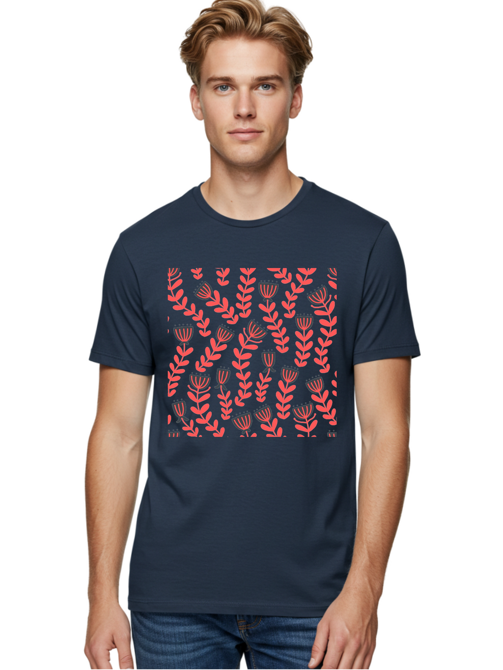 Tulip-Pattern Men'S Graphic Tee, 100% Cotton, Comfortable Casual Summer Wear, Machine Washable, Repeating Pattern, Pink Flowers, Leaves, Floral Design, Abstract Shapes, Vibrant Colors, Striped Patterns, Whimsical Art Aab811