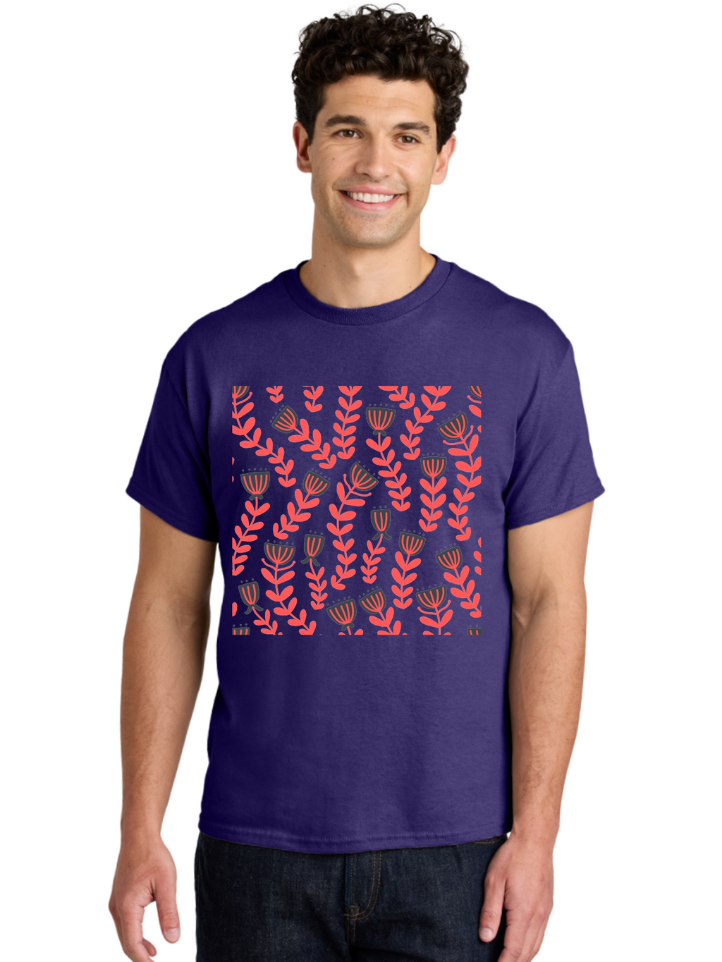 Tulip-Pattern Men'S Graphic Tee, 100% Cotton, Comfortable Casual Summer Wear, Machine Washable, Repeating Pattern, Pink Flowers, Leaves, Floral Design, Abstract Shapes, Vibrant Colors, Striped Patterns, Whimsical Art Aab811