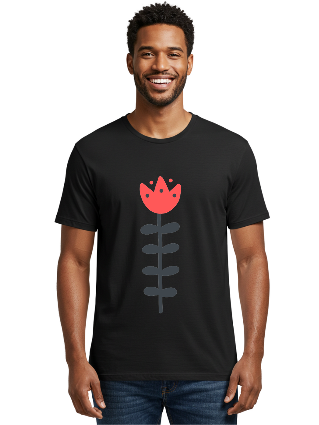 Tulip Men'S Graphic Tee, 100% Cotton, Comfortable Casual Summer Wear, Machine Washable, Red Tulip, Simple Flower, Minimalist Design, Floral Illustration, Cute Cartoon Flower, Vibrant Red Petals, Simple Stem, Black Leaves Aab812