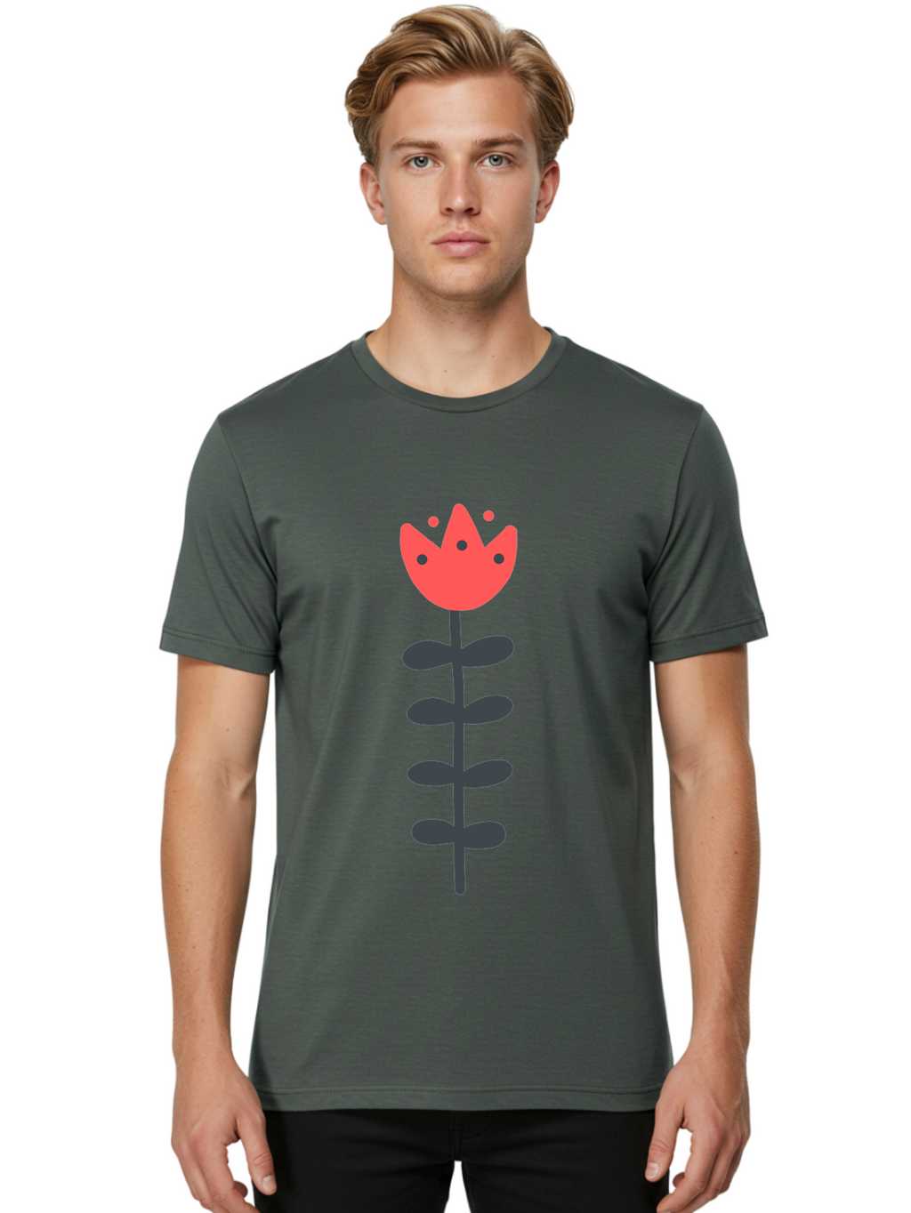 Tulip Men'S Graphic Tee, 100% Cotton, Comfortable Casual Summer Wear, Machine Washable, Red Tulip, Simple Flower, Minimalist Design, Floral Illustration, Cute Cartoon Flower, Vibrant Red Petals, Simple Stem, Black Leaves Aab812