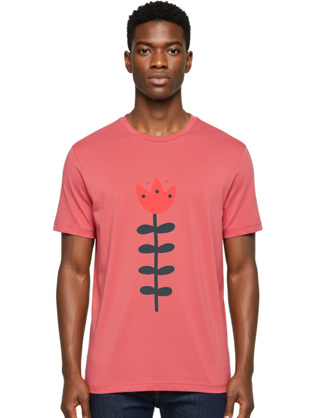 Tulip Men'S Graphic Tee, 100% Cotton, Comfortable Casual Summer Wear, Machine Washable, Red Tulip, Simple Flower, Minimalist Design, Floral Illustration, Cute Cartoon Flower, Vibrant Red Petals, Simple Stem, Black Leaves Aab812