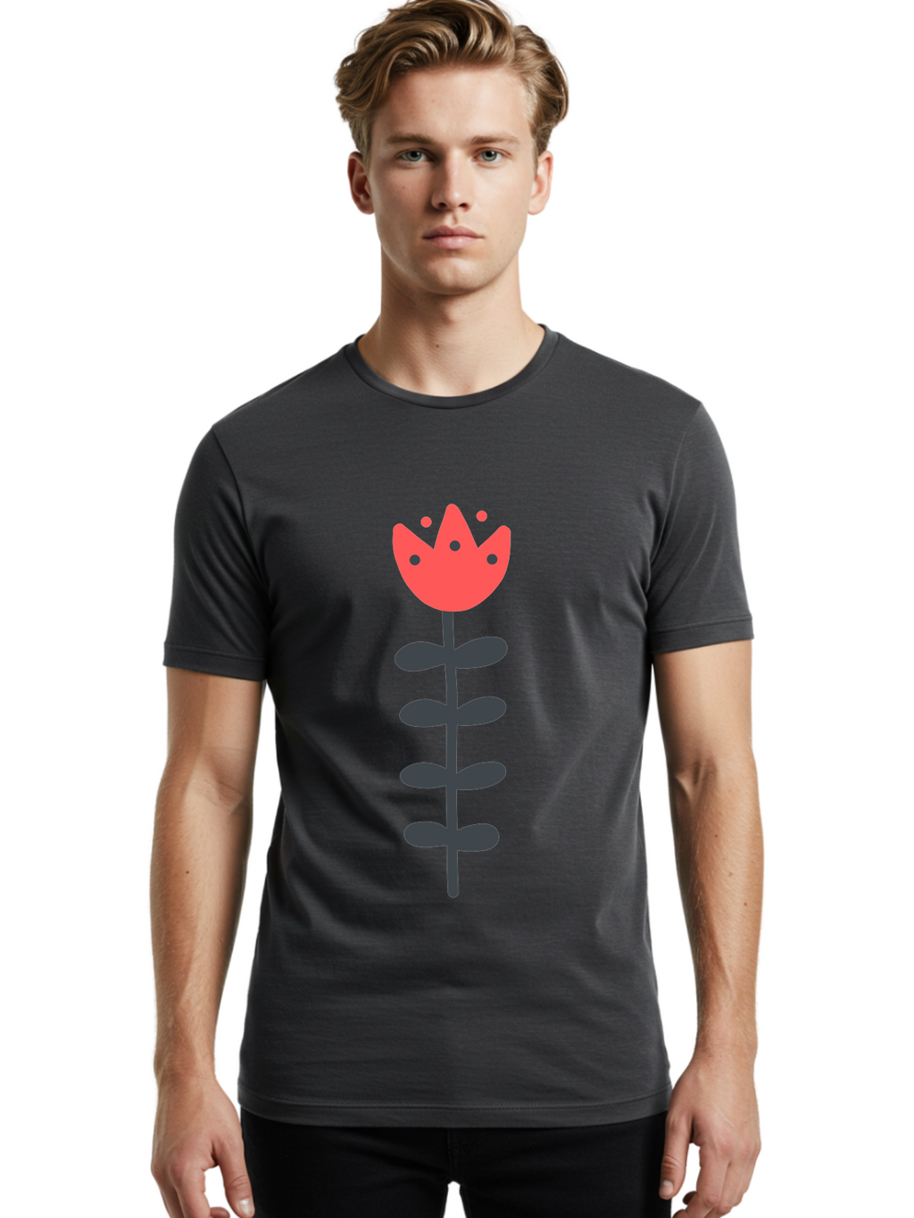Tulip Men'S Graphic Tee, 100% Cotton, Comfortable Casual Summer Wear, Machine Washable, Red Tulip, Simple Flower, Minimalist Design, Floral Illustration, Cute Cartoon Flower, Vibrant Red Petals, Simple Stem, Black Leaves Aab812
