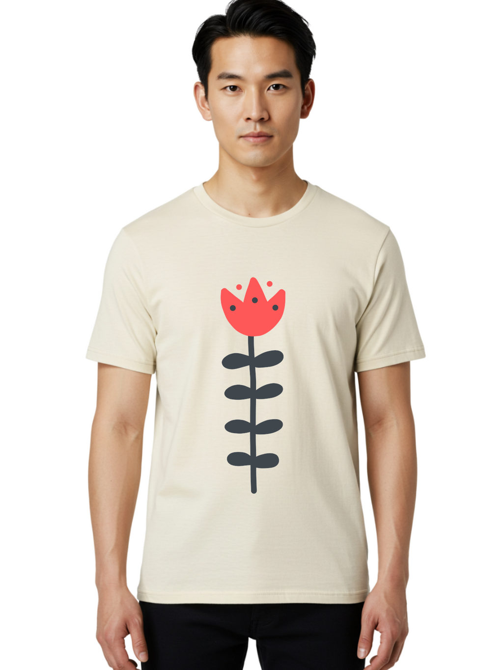 Tulip Men'S Graphic Tee, 100% Cotton, Comfortable Casual Summer Wear, Machine Washable, Red Tulip, Simple Flower, Minimalist Design, Floral Illustration, Cute Cartoon Flower, Vibrant Red Petals, Simple Stem, Black Leaves Aab812