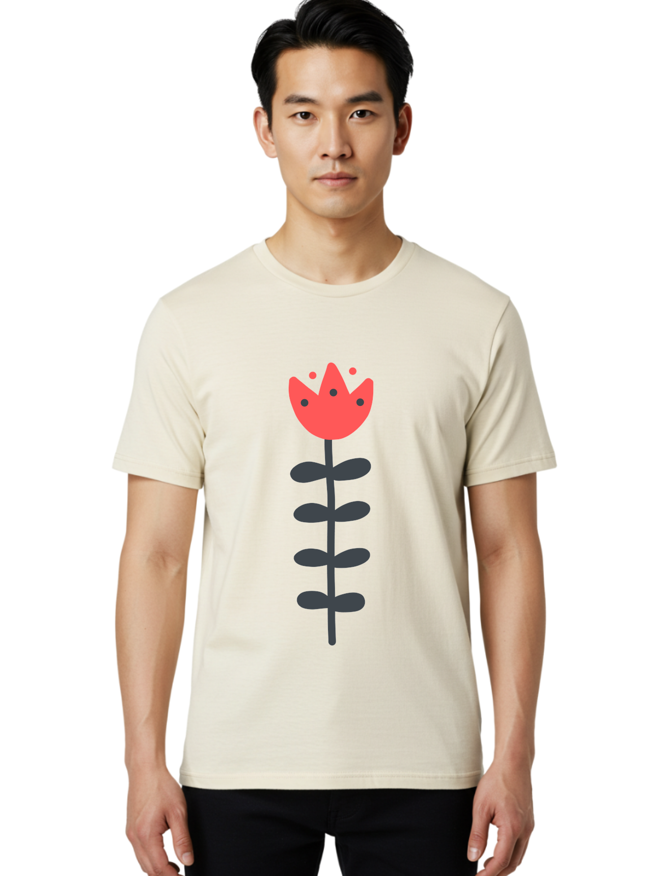 Tulip Men'S Graphic Tee, 100% Cotton, Comfortable Casual Summer Wear, Machine Washable, Red Tulip, Simple Flower, Minimalist Design, Floral Illustration, Cute Cartoon Flower, Vibrant Red Petals, Simple Stem, Black Leaves Aab812