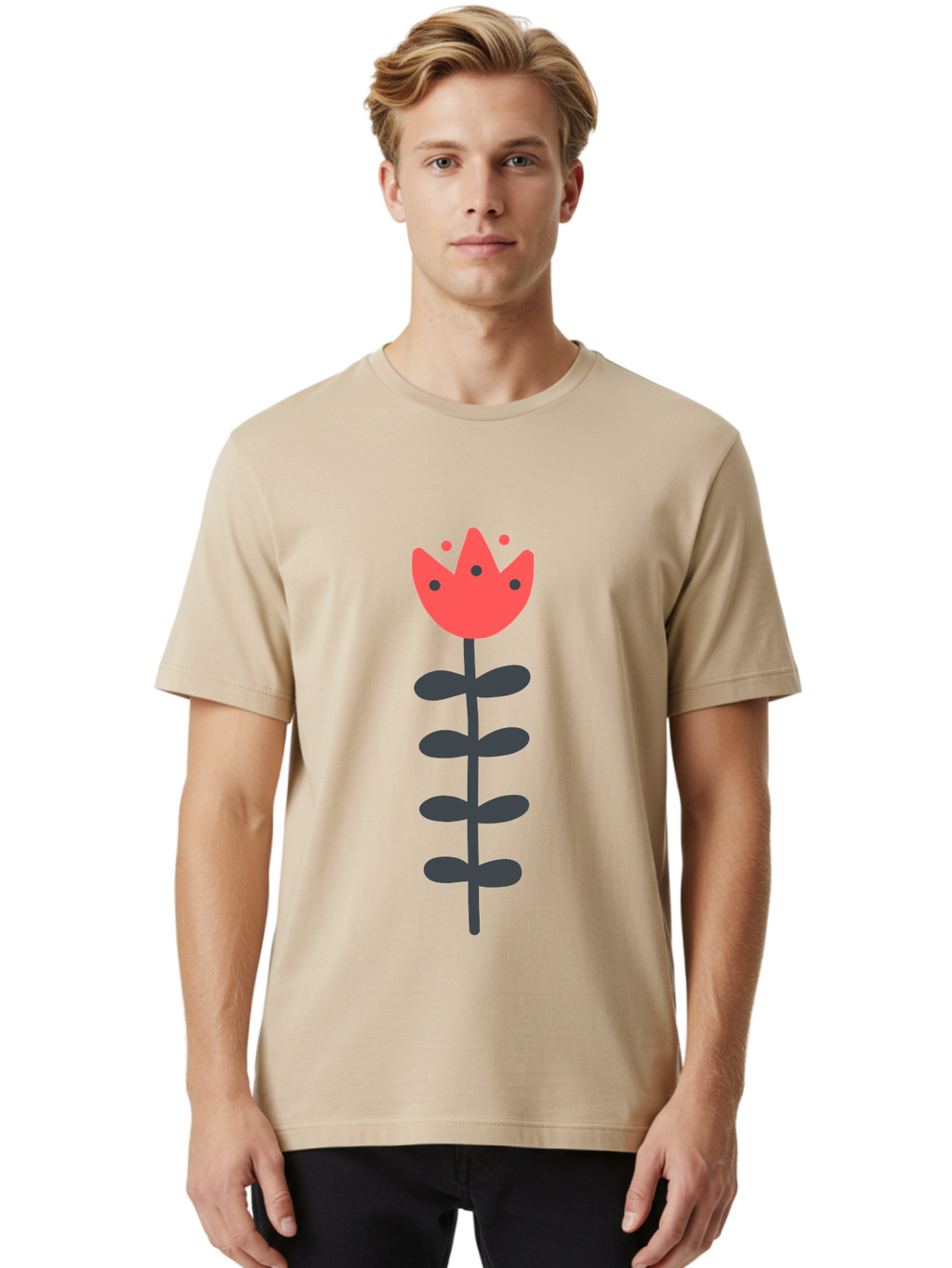 Tulip Men'S Graphic Tee, 100% Cotton, Comfortable Casual Summer Wear, Machine Washable, Red Tulip, Simple Flower, Minimalist Design, Floral Illustration, Cute Cartoon Flower, Vibrant Red Petals, Simple Stem, Black Leaves Aab812