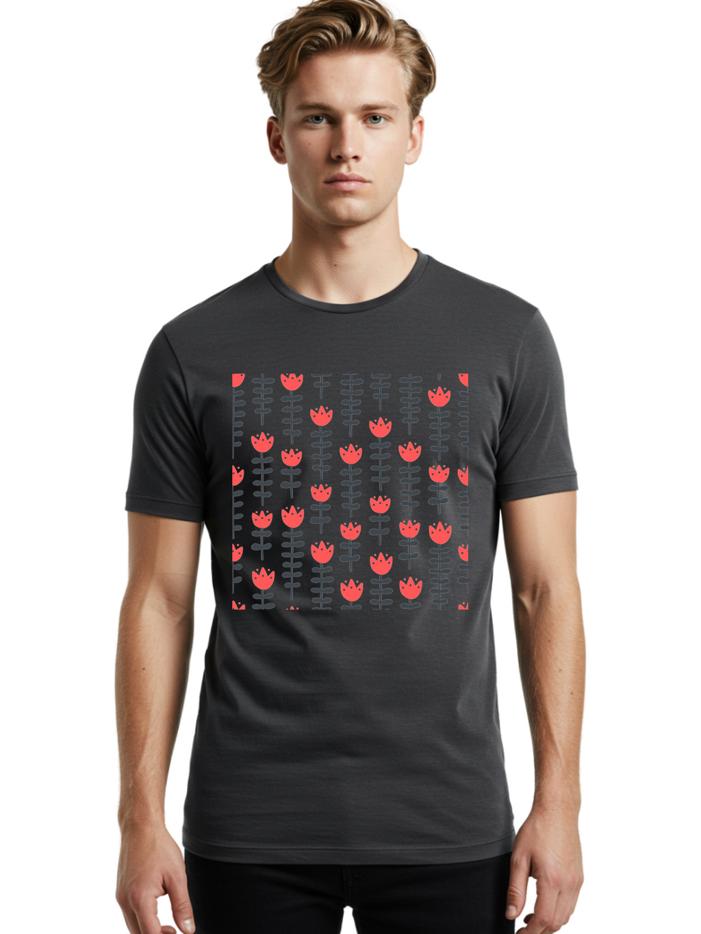 Tulips-Pattern Men'S Graphic Tee, 100% Cotton, Comfortable Casual Summer Wear, Machine Washable, Red Flowers, Green Stems, Floral Design, Repeating Pattern, Cartoon Style, Simple Shapes, Whimsical Art, Playful Graphics, Minimalist Decor Aab813