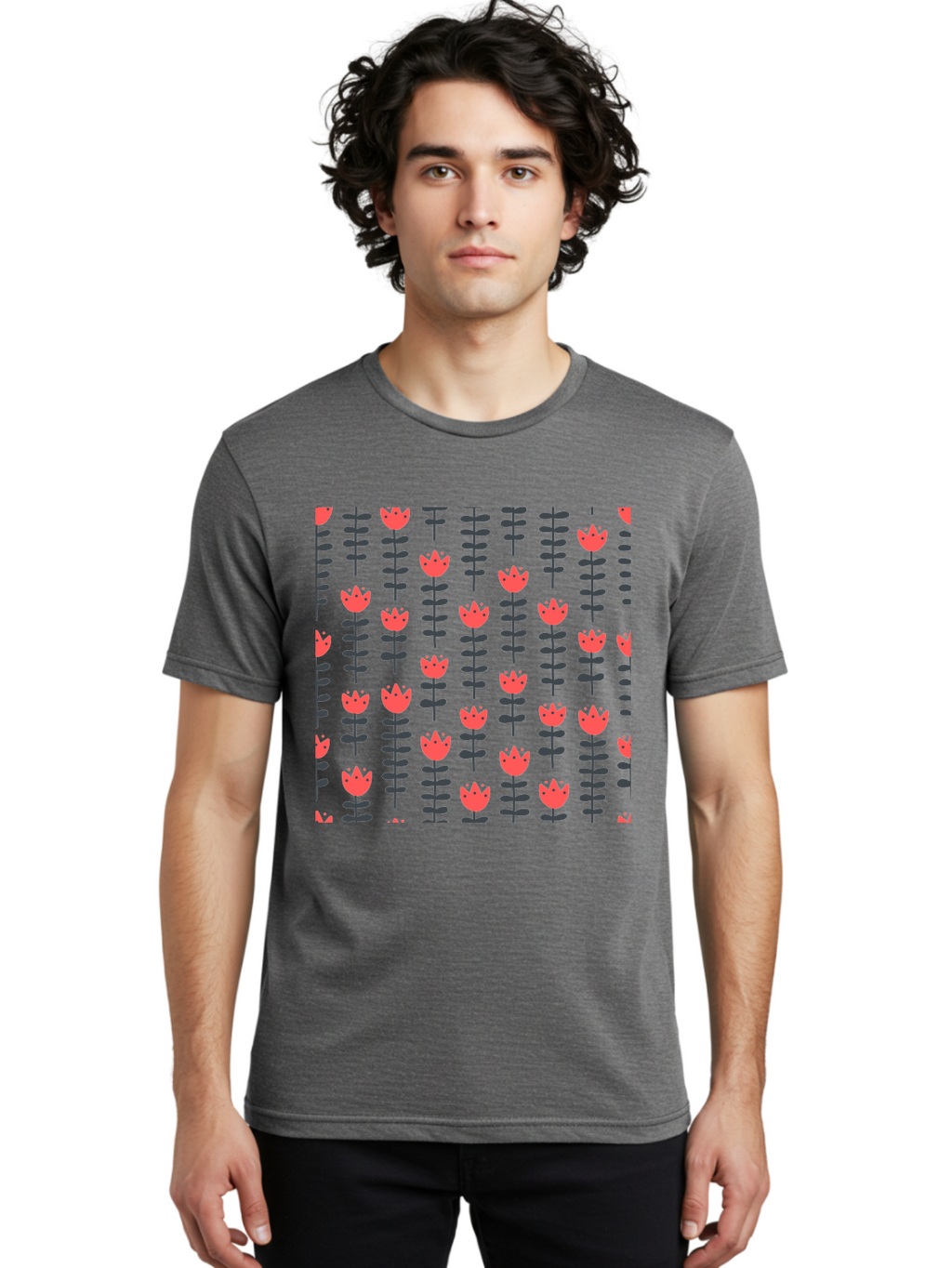 Tulips-Pattern Men'S Graphic Tee, 100% Cotton, Comfortable Casual Summer Wear, Machine Washable, Red Flowers, Green Stems, Floral Design, Repeating Pattern, Cartoon Style, Simple Shapes, Whimsical Art, Playful Graphics, Minimalist Decor Aab813
