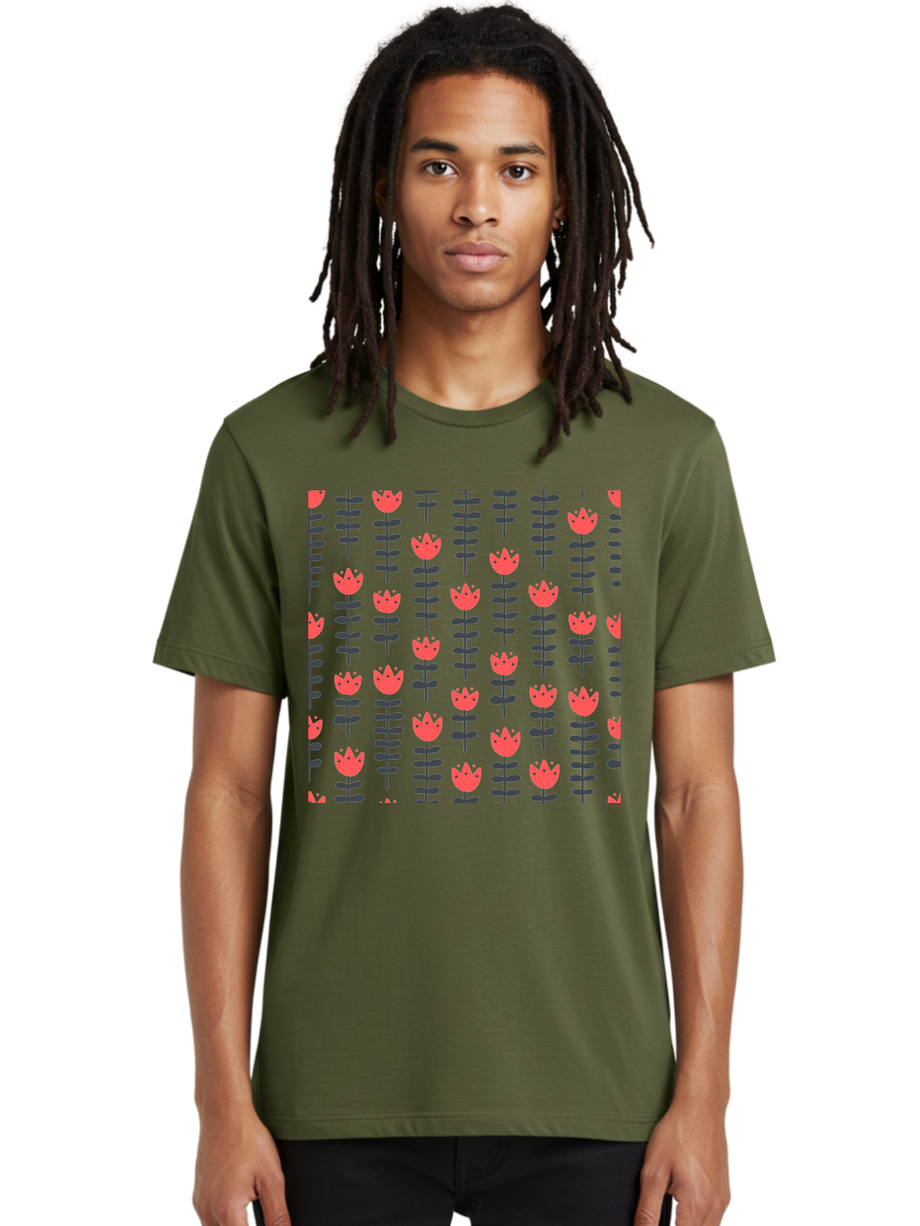 Tulips-Pattern Men'S Graphic Tee, 100% Cotton, Comfortable Casual Summer Wear, Machine Washable, Red Flowers, Green Stems, Floral Design, Repeating Pattern, Cartoon Style, Simple Shapes, Whimsical Art, Playful Graphics, Minimalist Decor Aab813