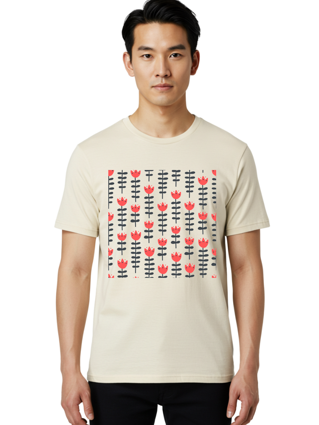 Tulips-Pattern Men'S Graphic Tee, 100% Cotton, Comfortable Casual Summer Wear, Machine Washable, Red Flowers, Green Stems, Floral Design, Repeating Pattern, Cartoon Style, Simple Shapes, Whimsical Art, Playful Graphics, Minimalist Decor Aab813