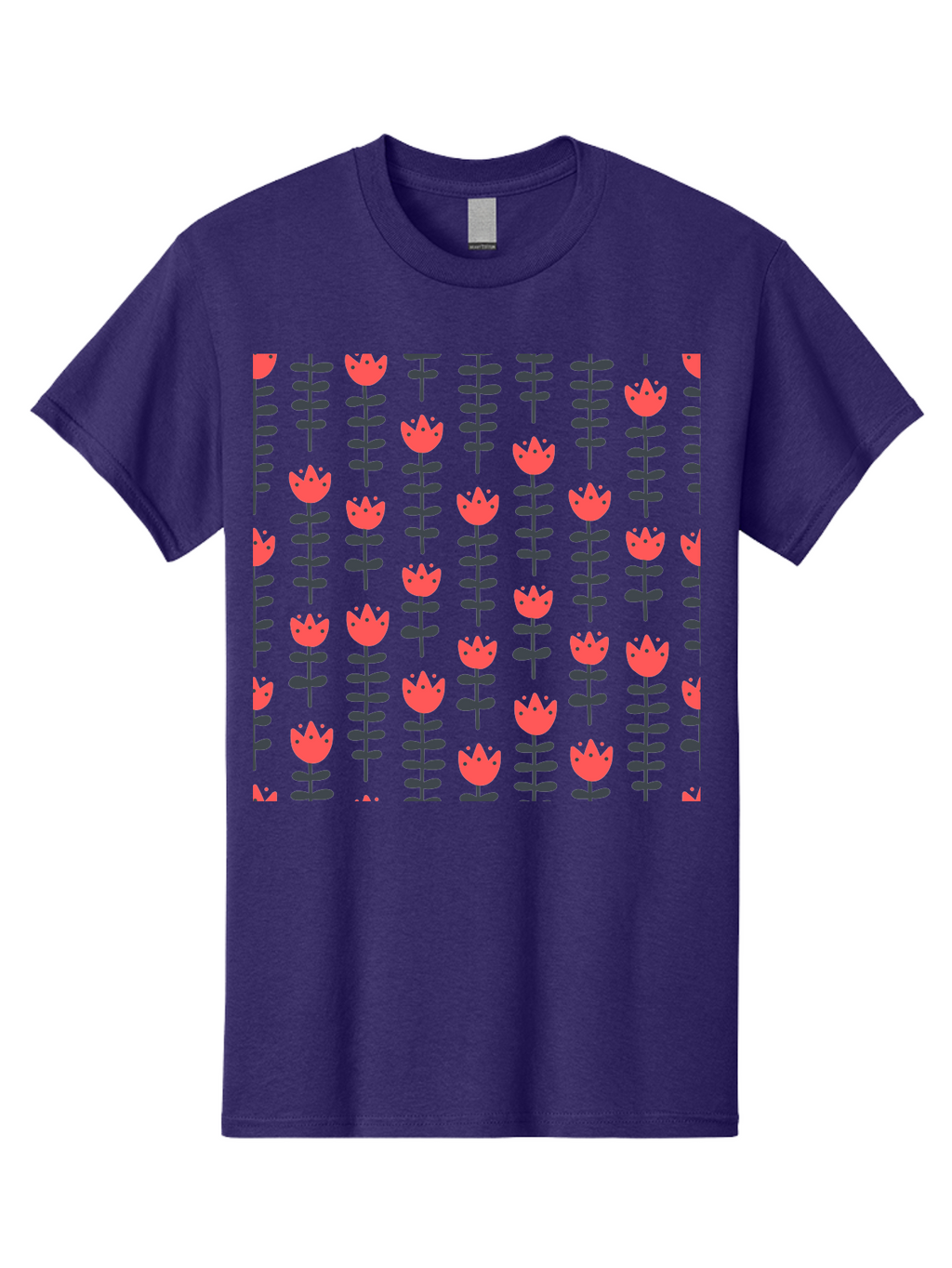 Tulips-Pattern Men'S Graphic Tee, 100% Cotton, Comfortable Casual Summer Wear, Machine Washable, Red Flowers, Green Stems, Floral Design, Repeating Pattern, Cartoon Style, Simple Shapes, Whimsical Art, Playful Graphics, Minimalist Decor Aab813