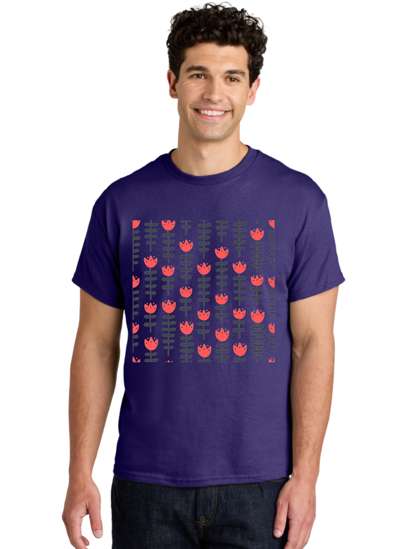 Tulips-Pattern Men'S Graphic Tee, 100% Cotton, Comfortable Casual Summer Wear, Machine Washable, Red Flowers, Green Stems, Floral Design, Repeating Pattern, Cartoon Style, Simple Shapes, Whimsical Art, Playful Graphics, Minimalist Decor Aab813
