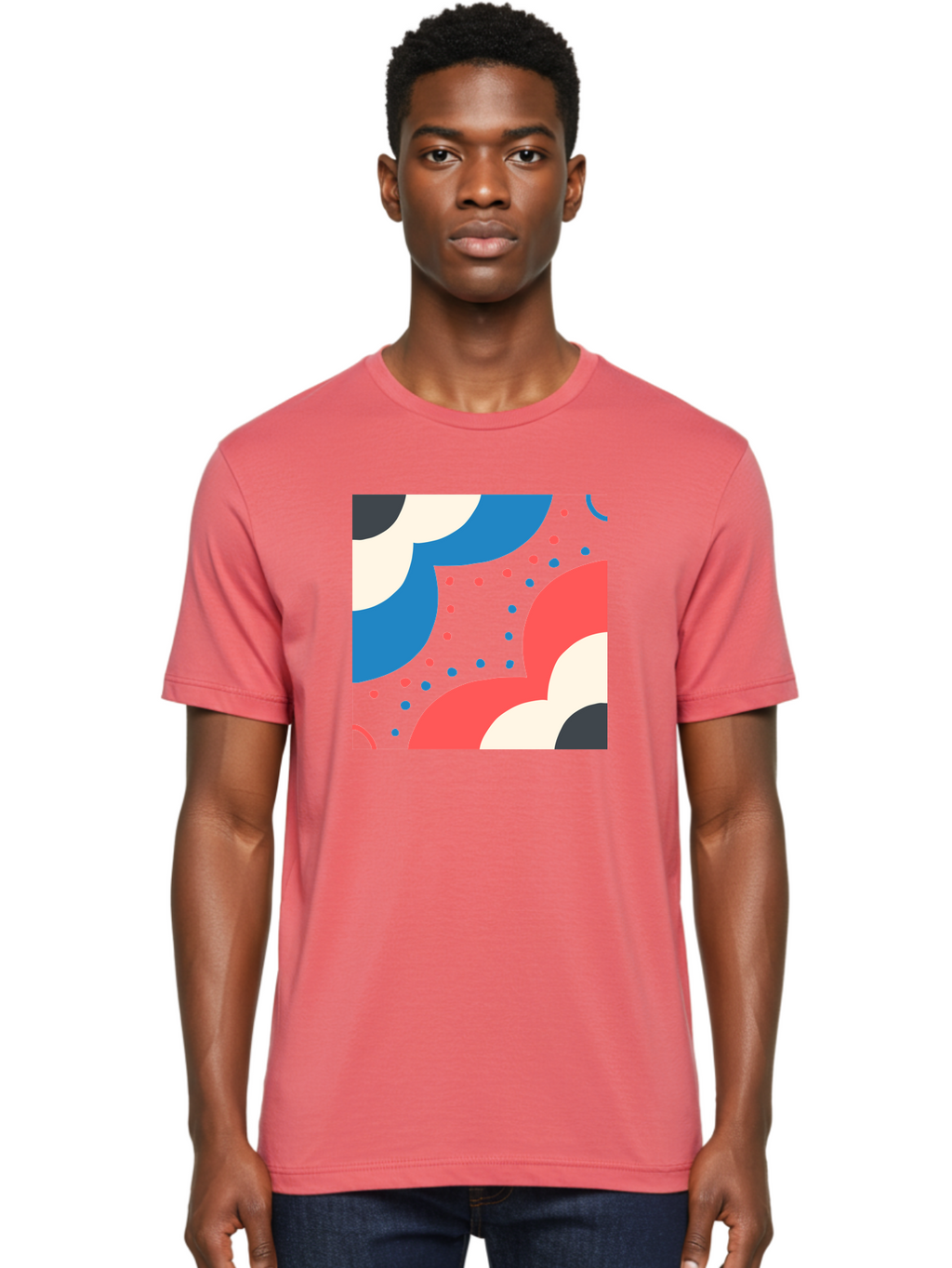 Vibrant-Dots-Pattern Men'S Graphic Tee, 100% Cotton, Comfortable Casual Summer Wear, Machine Washable, Colorful Abstract Pattern, Vibrant Shapes, Blue, Red, Pink, White, Black, Geometric Design, Playful Artwork, Modern Graphic, Trendy Colors, Aab815