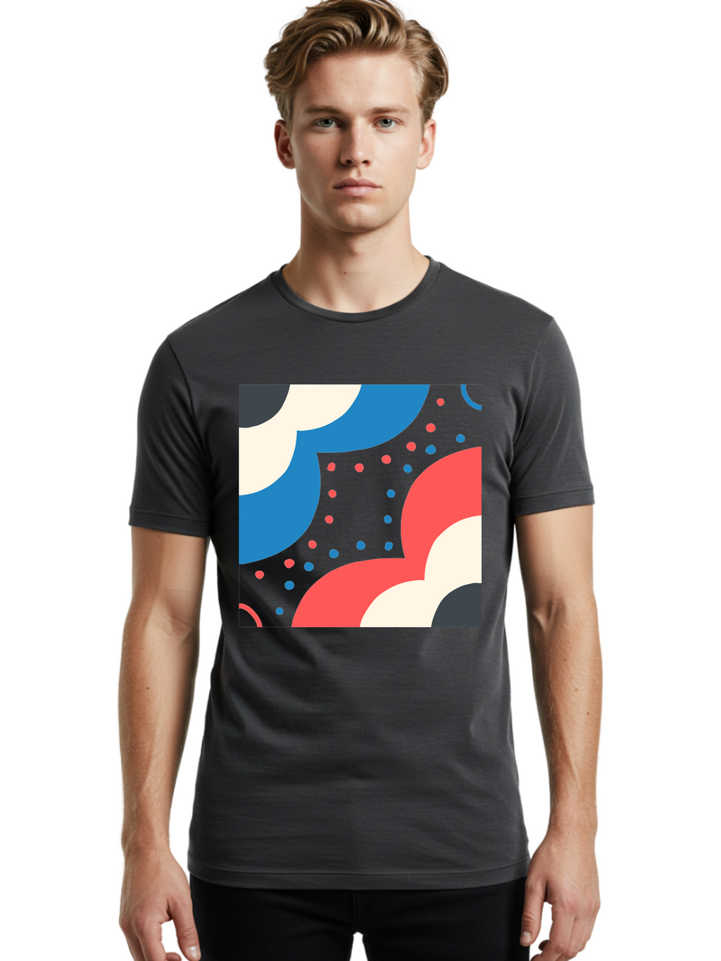 Vibrant-Dots-Pattern Men'S Graphic Tee, 100% Cotton, Comfortable Casual Summer Wear, Machine Washable, Colorful Abstract Pattern, Vibrant Shapes, Blue, Red, Pink, White, Black, Geometric Design, Playful Artwork, Modern Graphic, Trendy Colors, Aab815