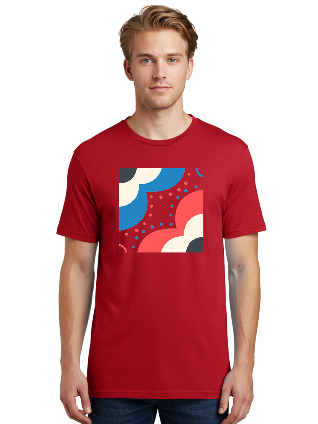 Vibrant-Dots-Pattern Men'S Graphic Tee, 100% Cotton, Comfortable Casual Summer Wear, Machine Washable, Colorful Abstract Pattern, Vibrant Shapes, Blue, Red, Pink, White, Black, Geometric Design, Playful Artwork, Modern Graphic, Trendy Colors, Aab815