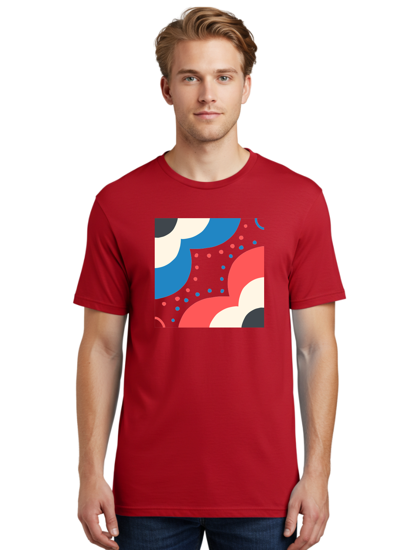 Vibrant-Dots-Pattern Men'S Graphic Tee, 100% Cotton, Comfortable Casual Summer Wear, Machine Washable, Colorful Abstract Pattern, Vibrant Shapes, Blue, Red, Pink, White, Black, Geometric Design, Playful Artwork, Modern Graphic, Trendy Colors, Aab815