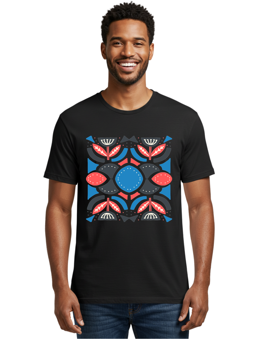 Vibrant-Floral-Pattern Men'S Graphic Tee, 100% Cotton, Comfortable Casual Summer Wear, Machine Washable, Floral Pattern, Geometric Shapes, Blue Center, Red And White Leaves, Black And Gray Accents, Symmetrical Design, Abstract Flowers, Aab816