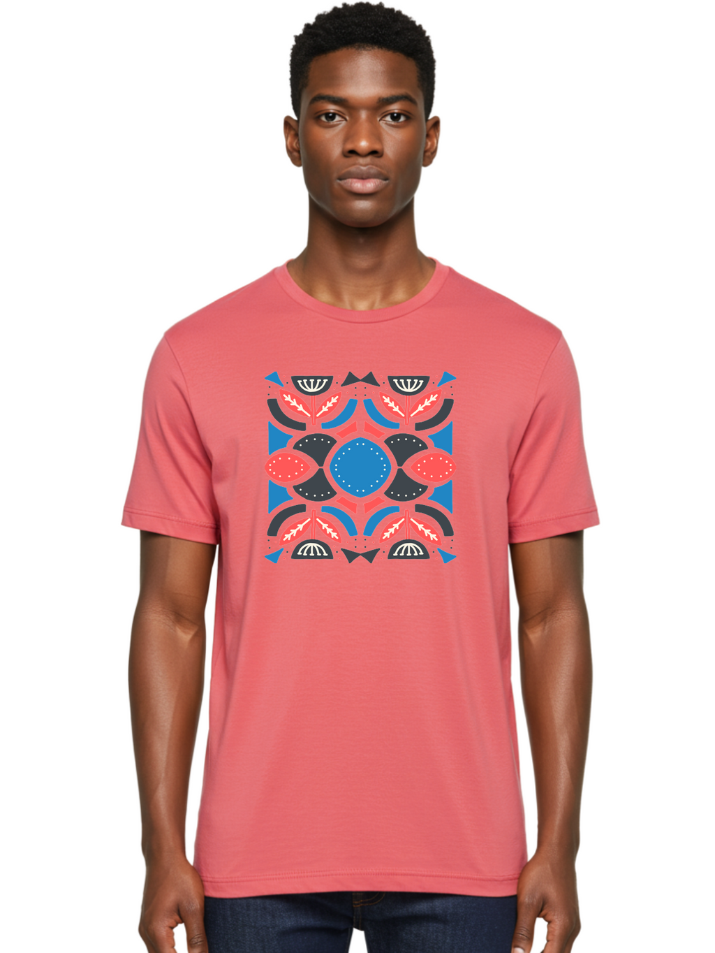 Vibrant-Floral-Pattern Men'S Graphic Tee, 100% Cotton, Comfortable Casual Summer Wear, Machine Washable, Floral Pattern, Geometric Shapes, Blue Center, Red And White Leaves, Black And Gray Accents, Symmetrical Design, Abstract Flowers, Aab816