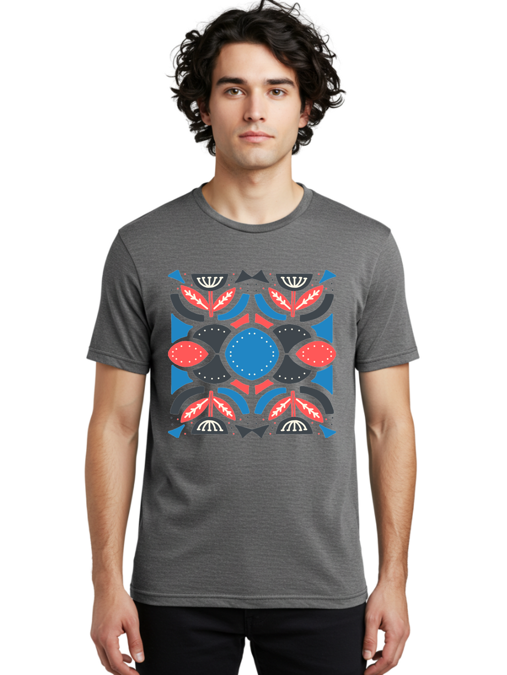 Vibrant-Floral-Pattern Men'S Graphic Tee, 100% Cotton, Comfortable Casual Summer Wear, Machine Washable, Floral Pattern, Geometric Shapes, Blue Center, Red And White Leaves, Black And Gray Accents, Symmetrical Design, Abstract Flowers, Aab816