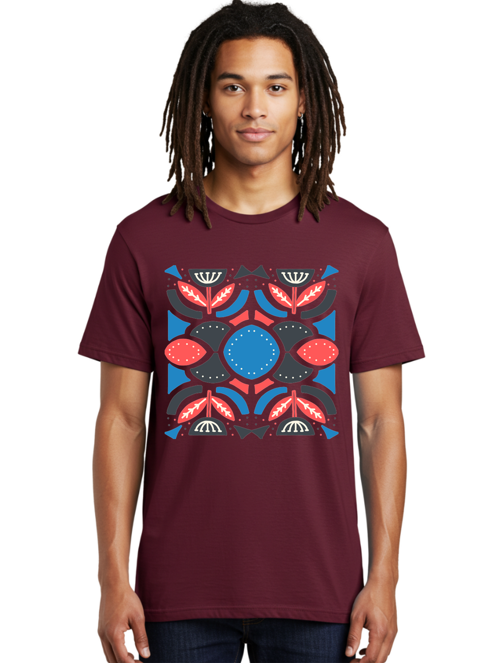 Vibrant-Floral-Pattern Men'S Graphic Tee, 100% Cotton, Comfortable Casual Summer Wear, Machine Washable, Floral Pattern, Geometric Shapes, Blue Center, Red And White Leaves, Black And Gray Accents, Symmetrical Design, Abstract Flowers, Aab816