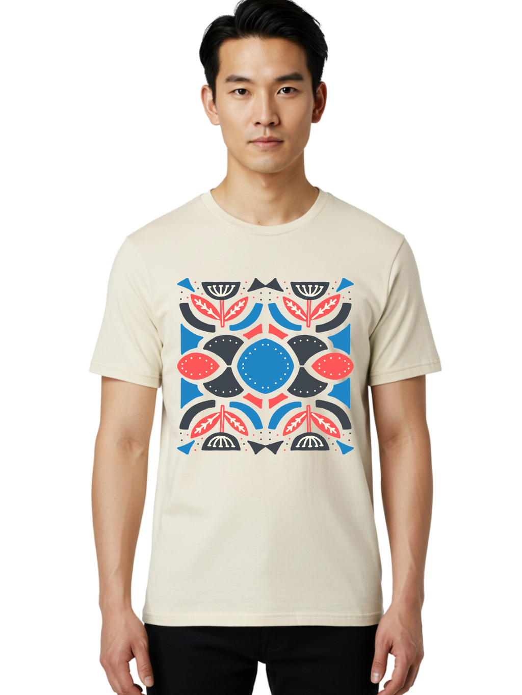 Vibrant-Floral-Pattern Men'S Graphic Tee, 100% Cotton, Comfortable Casual Summer Wear, Machine Washable, Floral Pattern, Geometric Shapes, Blue Center, Red And White Leaves, Black And Gray Accents, Symmetrical Design, Abstract Flowers, Aab816