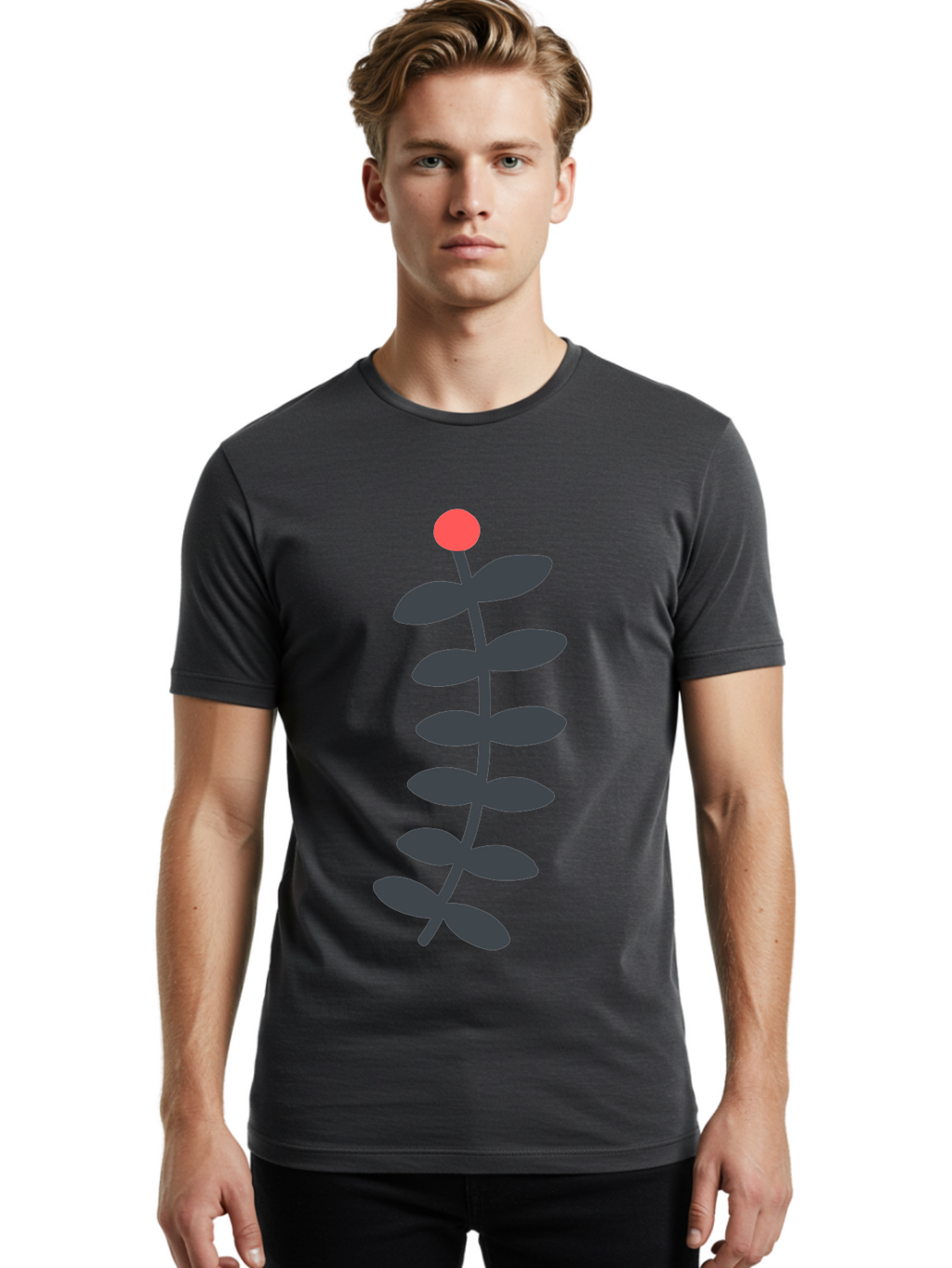 Zig-Zag-Plant Men'S Graphic Tee, 100% Cotton, Comfortable Casual Summer Wear, Machine Washable, Plant Stem, Dark Grey Leaves, Red Bud, Minimalist Design, Simple Shape, Botanical Illustration, Modern Art Aab819