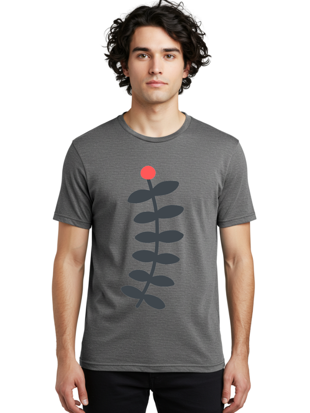 Zig-Zag-Plant Men'S Graphic Tee, 100% Cotton, Comfortable Casual Summer Wear, Machine Washable, Plant Stem, Dark Grey Leaves, Red Bud, Minimalist Design, Simple Shape, Botanical Illustration, Modern Art Aab819