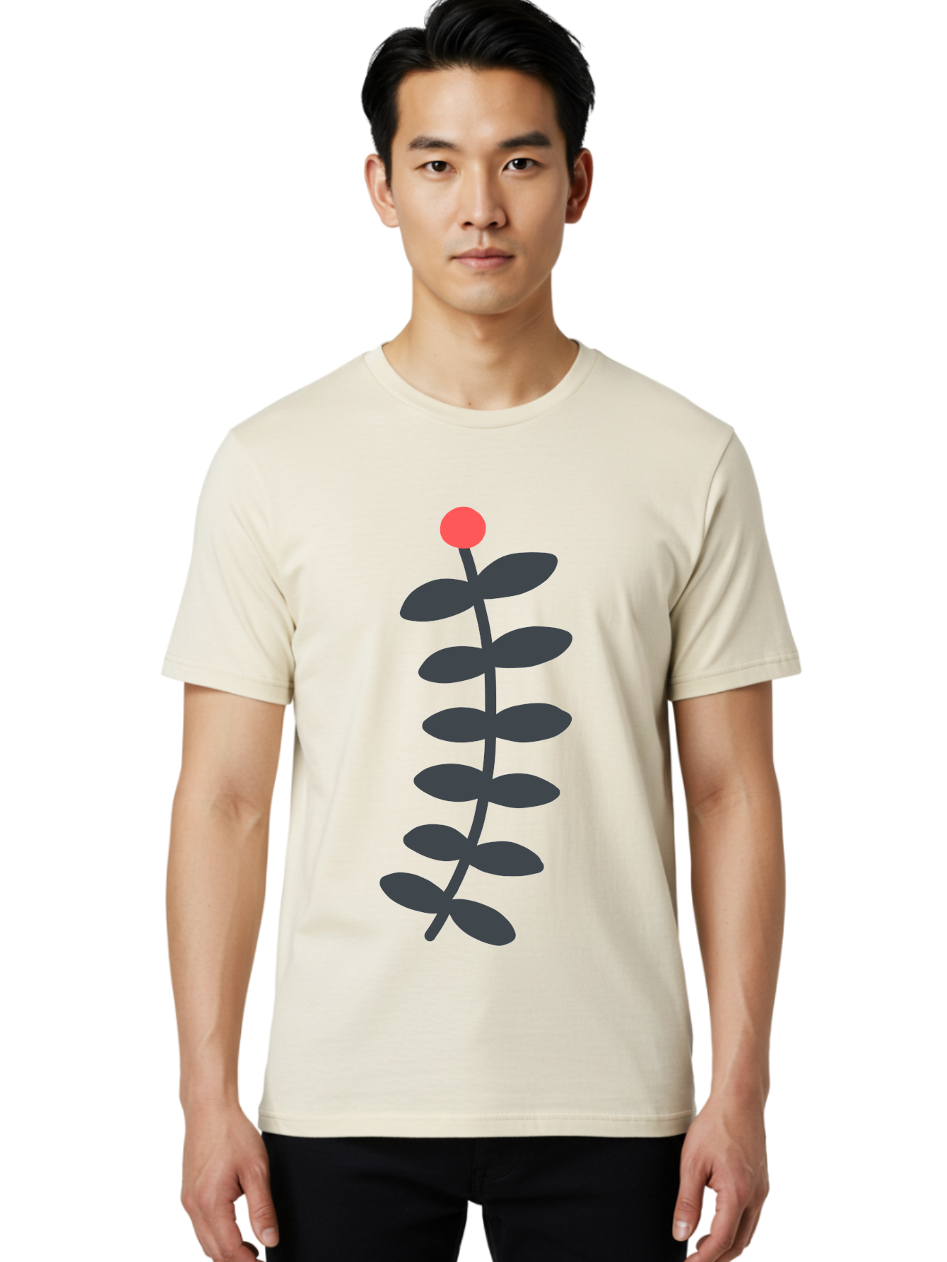 Zig-Zag-Plant Men'S Graphic Tee, 100% Cotton, Comfortable Casual Summer Wear, Machine Washable, Plant Stem, Dark Grey Leaves, Red Bud, Minimalist Design, Simple Shape, Botanical Illustration, Modern Art Aab819