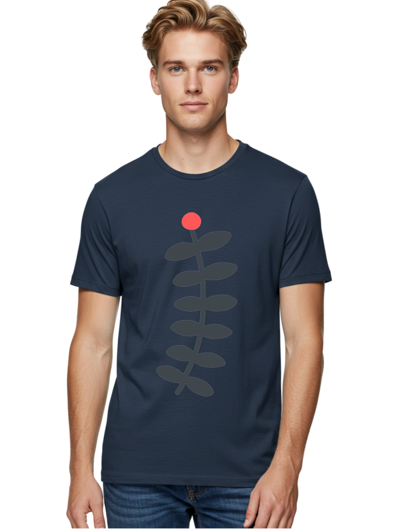 Zig-Zag-Plant Men'S Graphic Tee, 100% Cotton, Comfortable Casual Summer Wear, Machine Washable, Plant Stem, Dark Grey Leaves, Red Bud, Minimalist Design, Simple Shape, Botanical Illustration, Modern Art Aab819