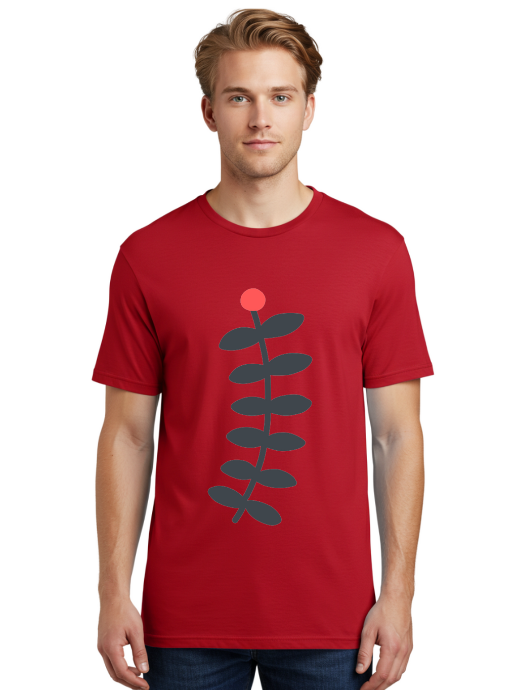 Zig-Zag-Plant Men'S Graphic Tee, 100% Cotton, Comfortable Casual Summer Wear, Machine Washable, Plant Stem, Dark Grey Leaves, Red Bud, Minimalist Design, Simple Shape, Botanical Illustration, Modern Art Aab819