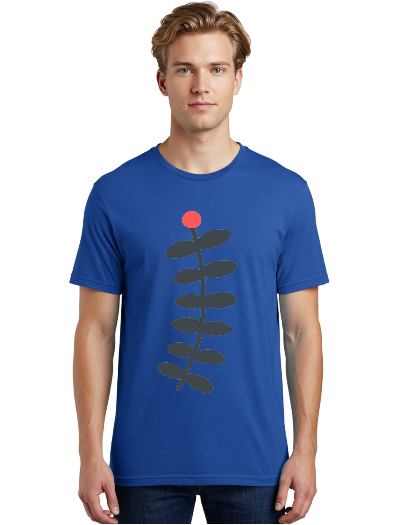 Zig-Zag-Plant Men'S Graphic Tee, 100% Cotton, Comfortable Casual Summer Wear, Machine Washable, Plant Stem, Dark Grey Leaves, Red Bud, Minimalist Design, Simple Shape, Botanical Illustration, Modern Art Aab819