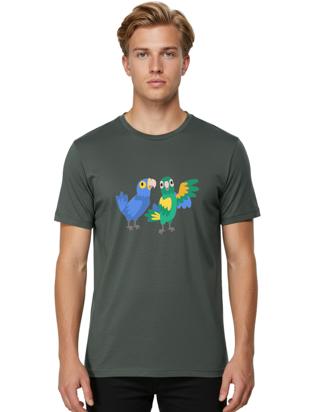 Blue-And-Green-Parrot Men'S Graphic Tee, 100% Cotton, Comfortable Casual Summer Wear, Machine Washable, Cartoon Parrots, Colorful Birds, Blue Parrot, Green Parrot, Yellow Accents, Bird Illustration, Vibrant Feathers, Talking Birds, Aab820