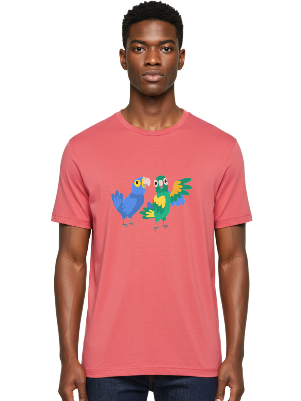 Blue-And-Green-Parrot Men'S Graphic Tee, 100% Cotton, Comfortable Casual Summer Wear, Machine Washable, Cartoon Parrots, Colorful Birds, Blue Parrot, Green Parrot, Yellow Accents, Bird Illustration, Vibrant Feathers, Talking Birds, Aab820
