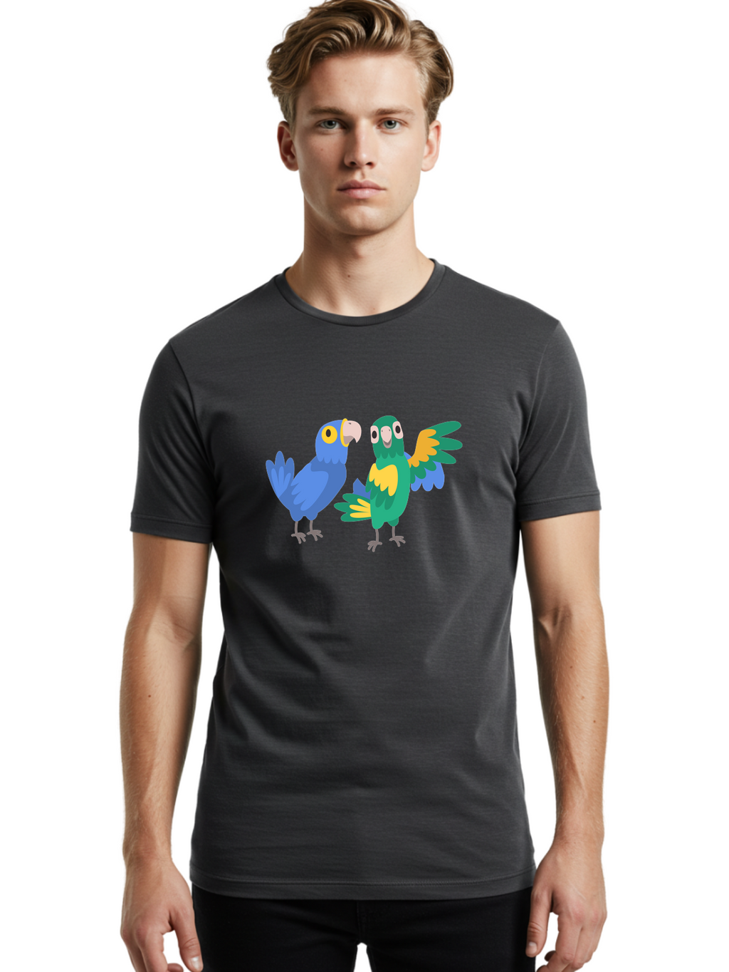 Blue-And-Green-Parrot Men'S Graphic Tee, 100% Cotton, Comfortable Casual Summer Wear, Machine Washable, Cartoon Parrots, Colorful Birds, Blue Parrot, Green Parrot, Yellow Accents, Bird Illustration, Vibrant Feathers, Talking Birds, Aab820