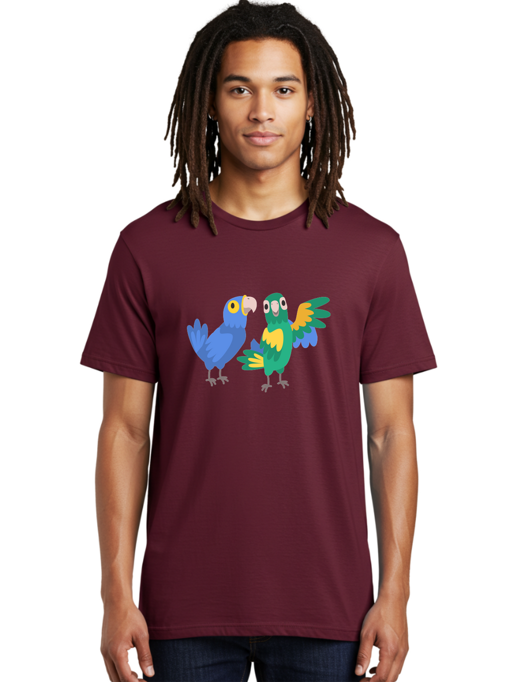 Blue-And-Green-Parrot Men'S Graphic Tee, 100% Cotton, Comfortable Casual Summer Wear, Machine Washable, Cartoon Parrots, Colorful Birds, Blue Parrot, Green Parrot, Yellow Accents, Bird Illustration, Vibrant Feathers, Talking Birds, Aab820