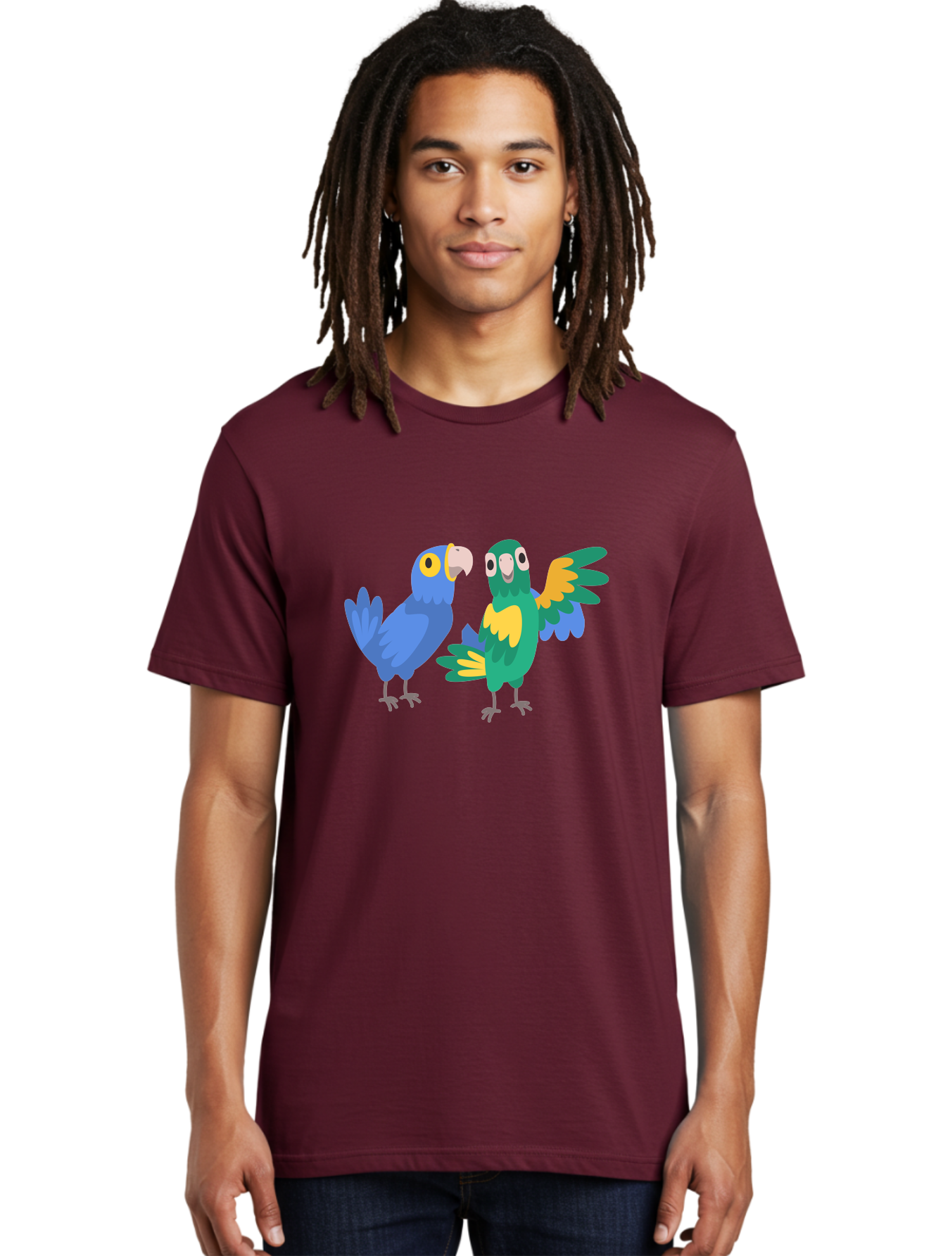 Blue-And-Green-Parrot Men'S Graphic Tee, 100% Cotton, Comfortable Casual Summer Wear, Machine Washable, Cartoon Parrots, Colorful Birds, Blue Parrot, Green Parrot, Yellow Accents, Bird Illustration, Vibrant Feathers, Talking Birds, Aab820