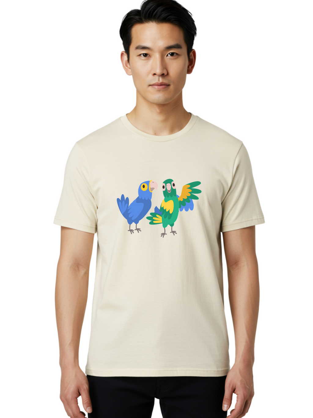 Blue-And-Green-Parrot Men'S Graphic Tee, 100% Cotton, Comfortable Casual Summer Wear, Machine Washable, Cartoon Parrots, Colorful Birds, Blue Parrot, Green Parrot, Yellow Accents, Bird Illustration, Vibrant Feathers, Talking Birds, Aab820