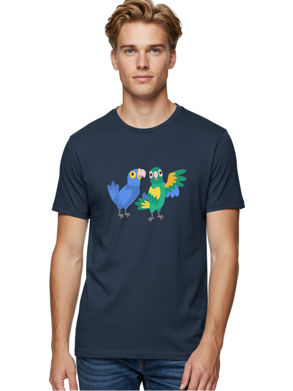 Blue-And-Green-Parrot Men'S Graphic Tee, 100% Cotton, Comfortable Casual Summer Wear, Machine Washable, Cartoon Parrots, Colorful Birds, Blue Parrot, Green Parrot, Yellow Accents, Bird Illustration, Vibrant Feathers, Talking Birds, Aab820
